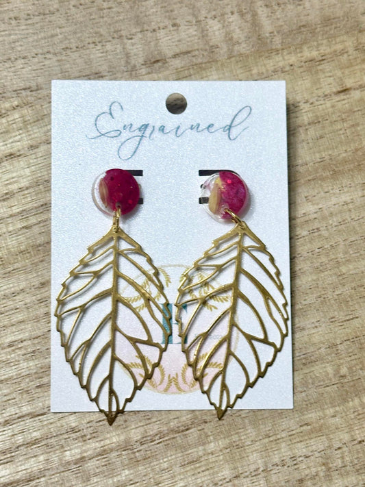 Gold Leaves Dangle Earrings with Hot Pink Rice Studs