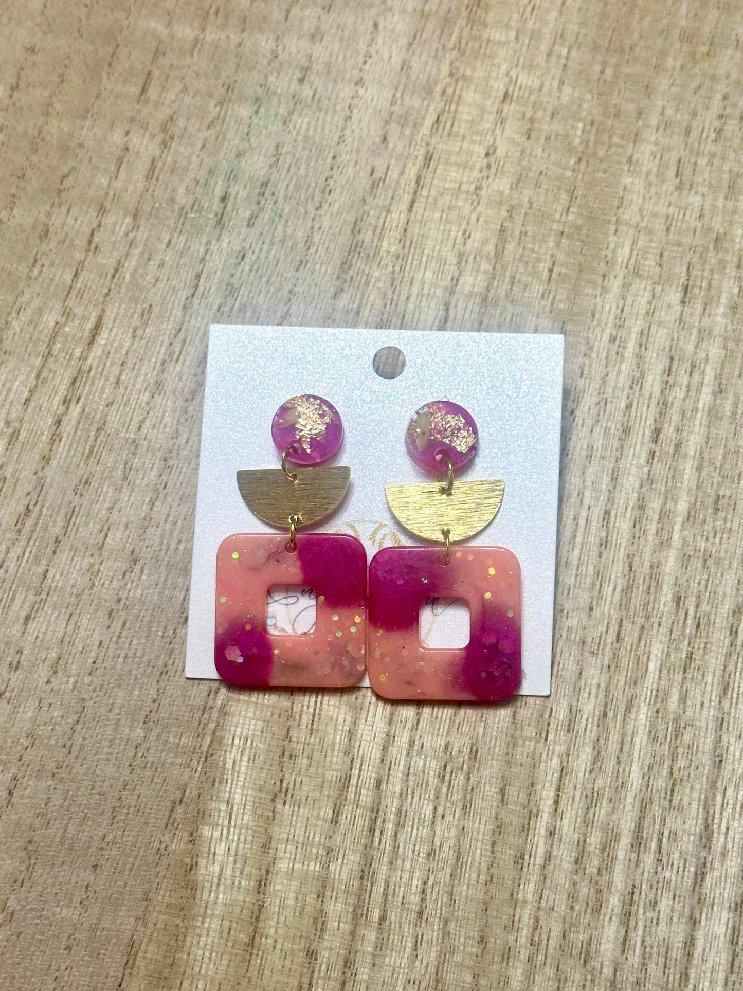 Gold Semi-Circle + Pink Square Rice Earrings