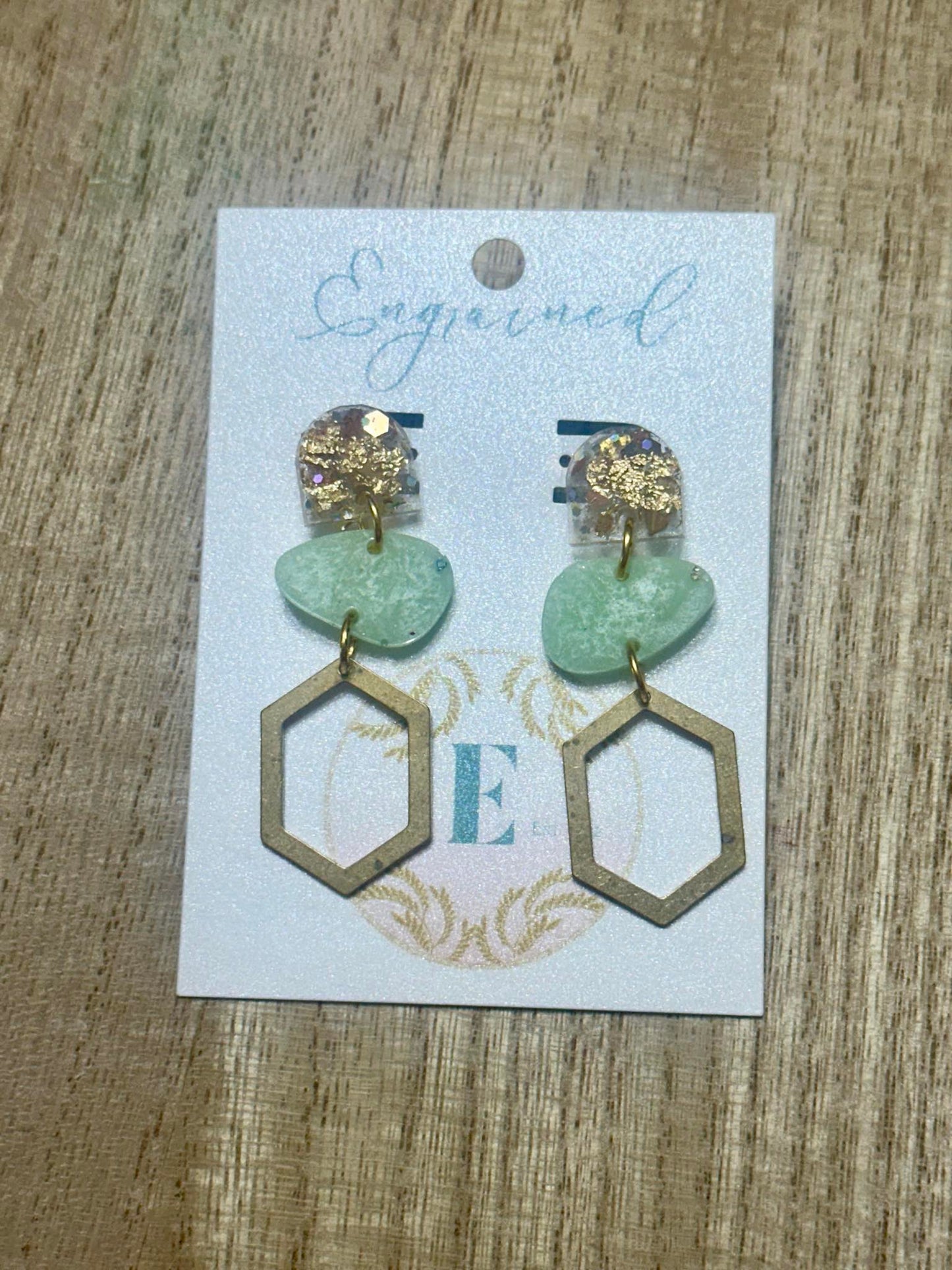 Sage Green Stone + Gold Hexagon Rice Earrings