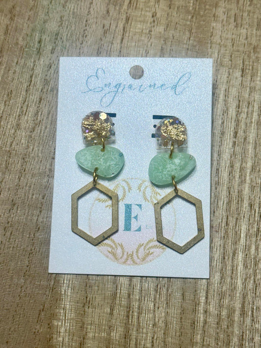 Sage Green Stone + Gold Hexagon Rice Earrings