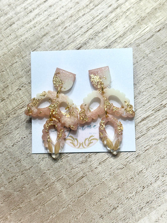 Blush and Pearl 3-Petal Rice Earrings with Gold Leaf