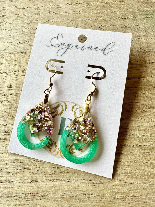 Green and Gold Teardrop Rice Earrings