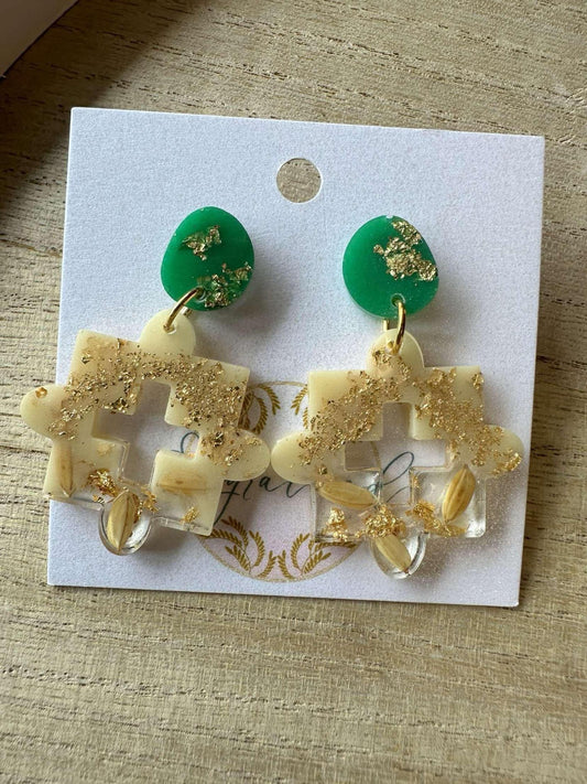 Green, Beige, And Gold Geometric Rice Earrings