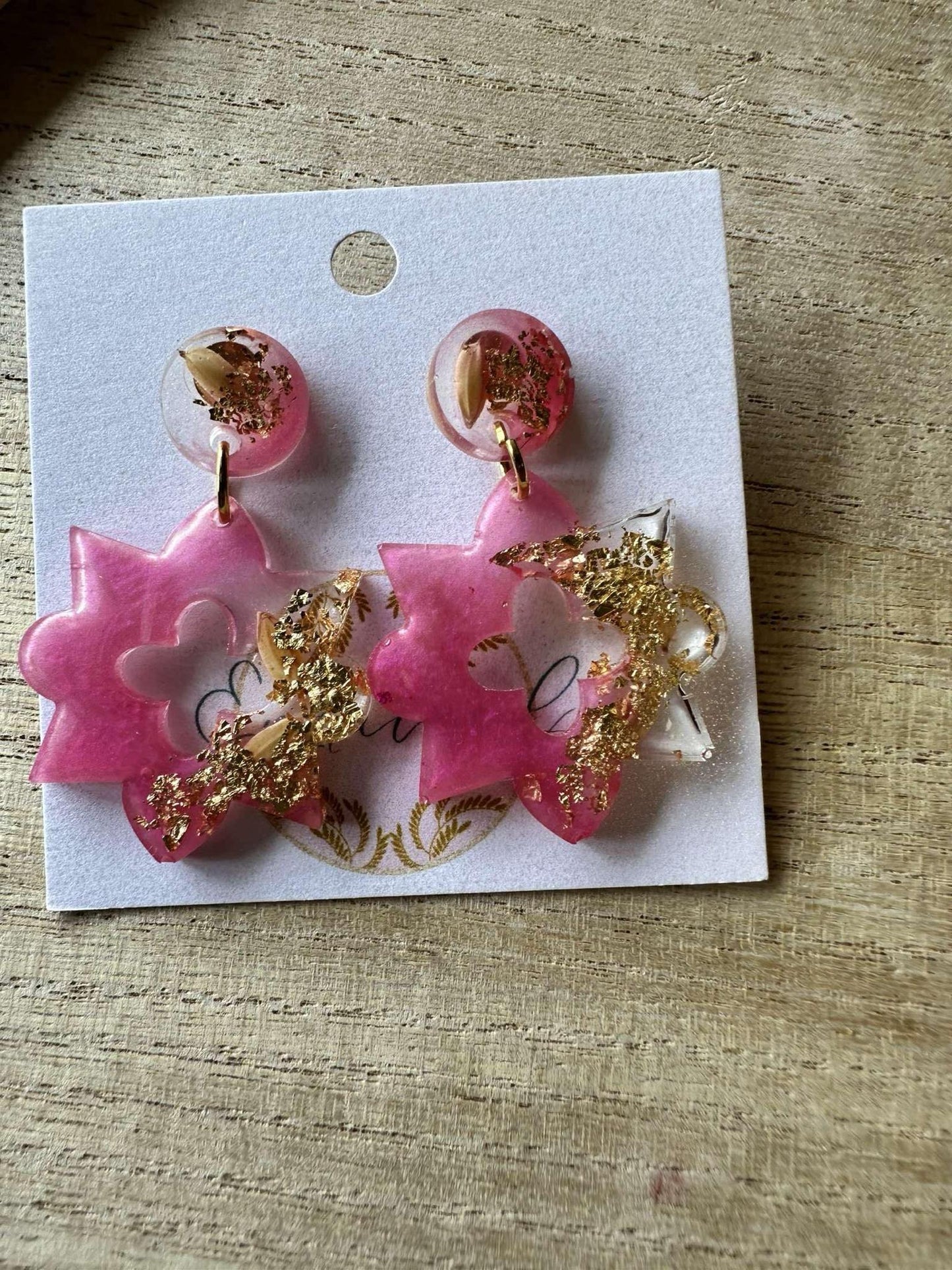 Pink + Gold Leaf Star Rice Earrings