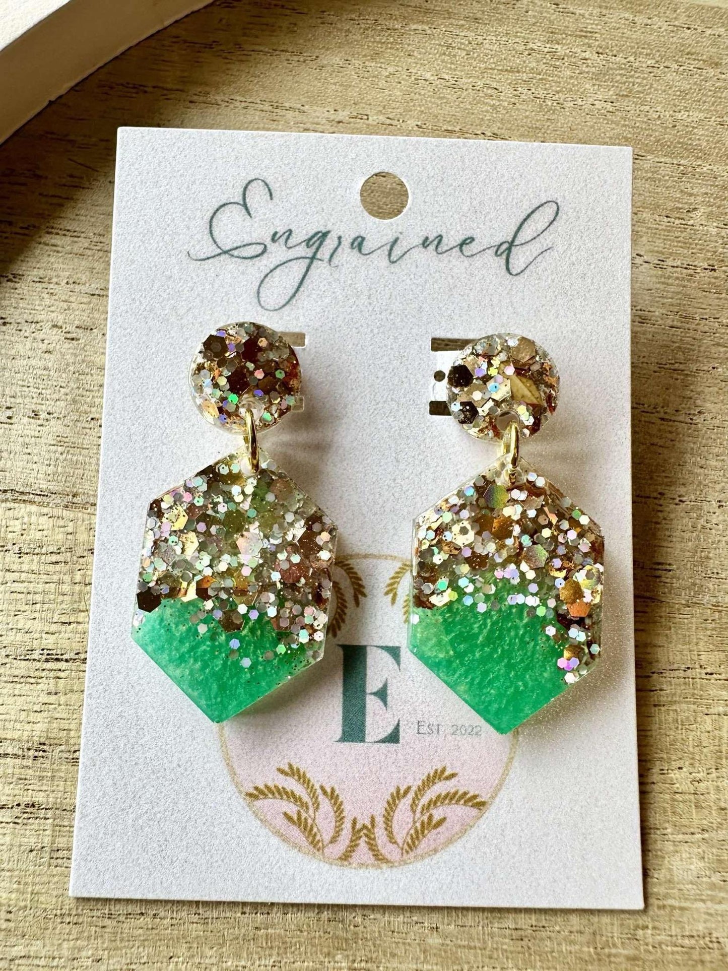 Green and Glitter Hexagon Rice Earrings