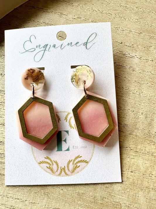 Pink and Gold Hexagon Rice Earrings