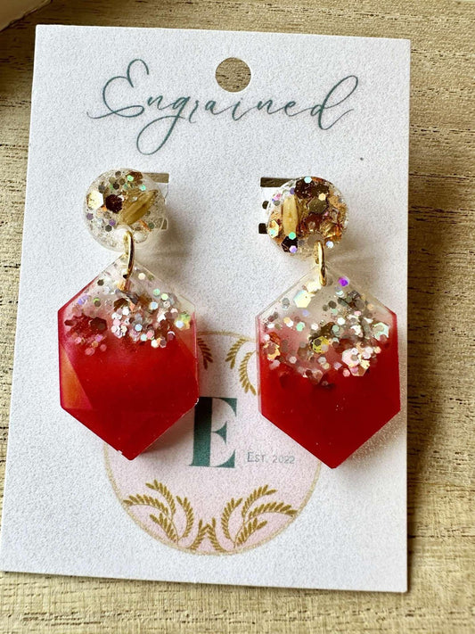 Red And Glitter Hexagon Rice Earrings