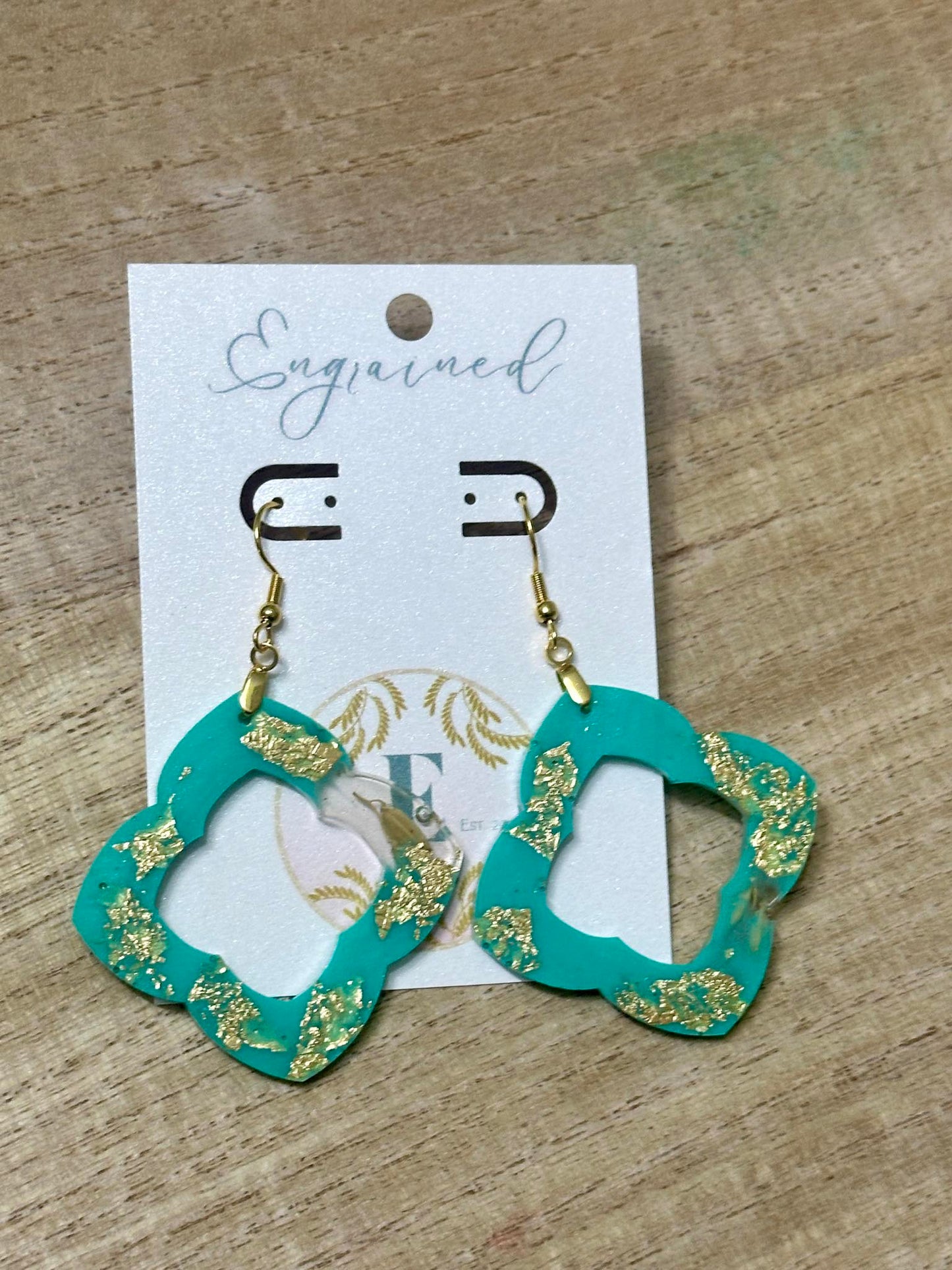 Turquoise and Gold Leaf Quatrefoil Rice Earrings