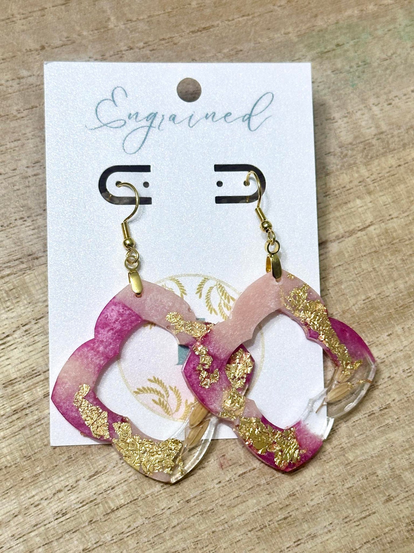 Hot/Blush Pink and Gold Leaf Quatrefoil Rice Earrings