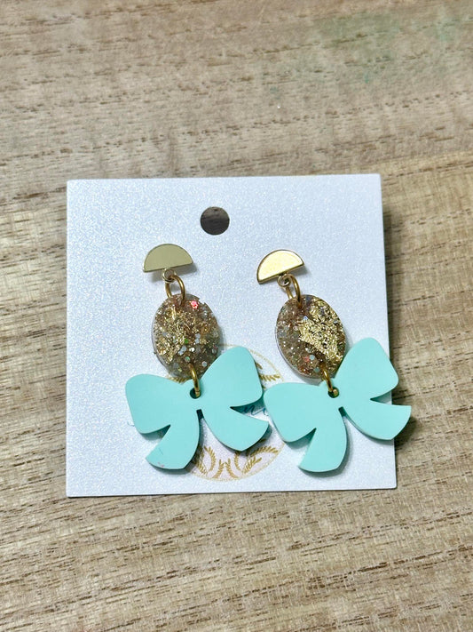 Gold Earrings with Blue Bow