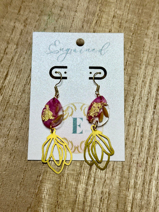 Pink + Gold Leaf Teardrop Rice Earrings with Gold Flower