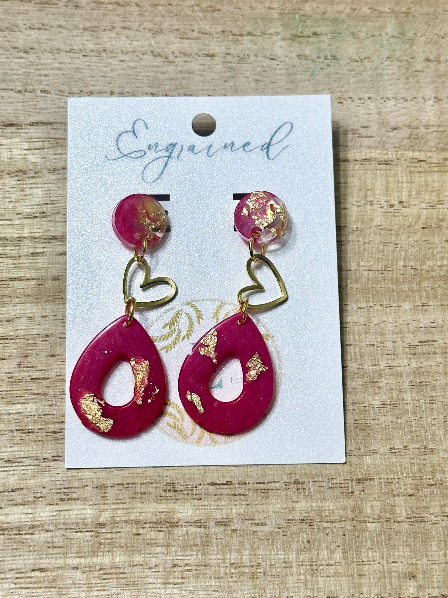 Hot Pink and Gold Heart Rice Earrings