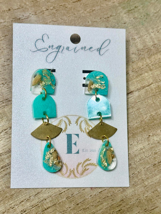 4-tier Turquoise and Gold Rice Earrings