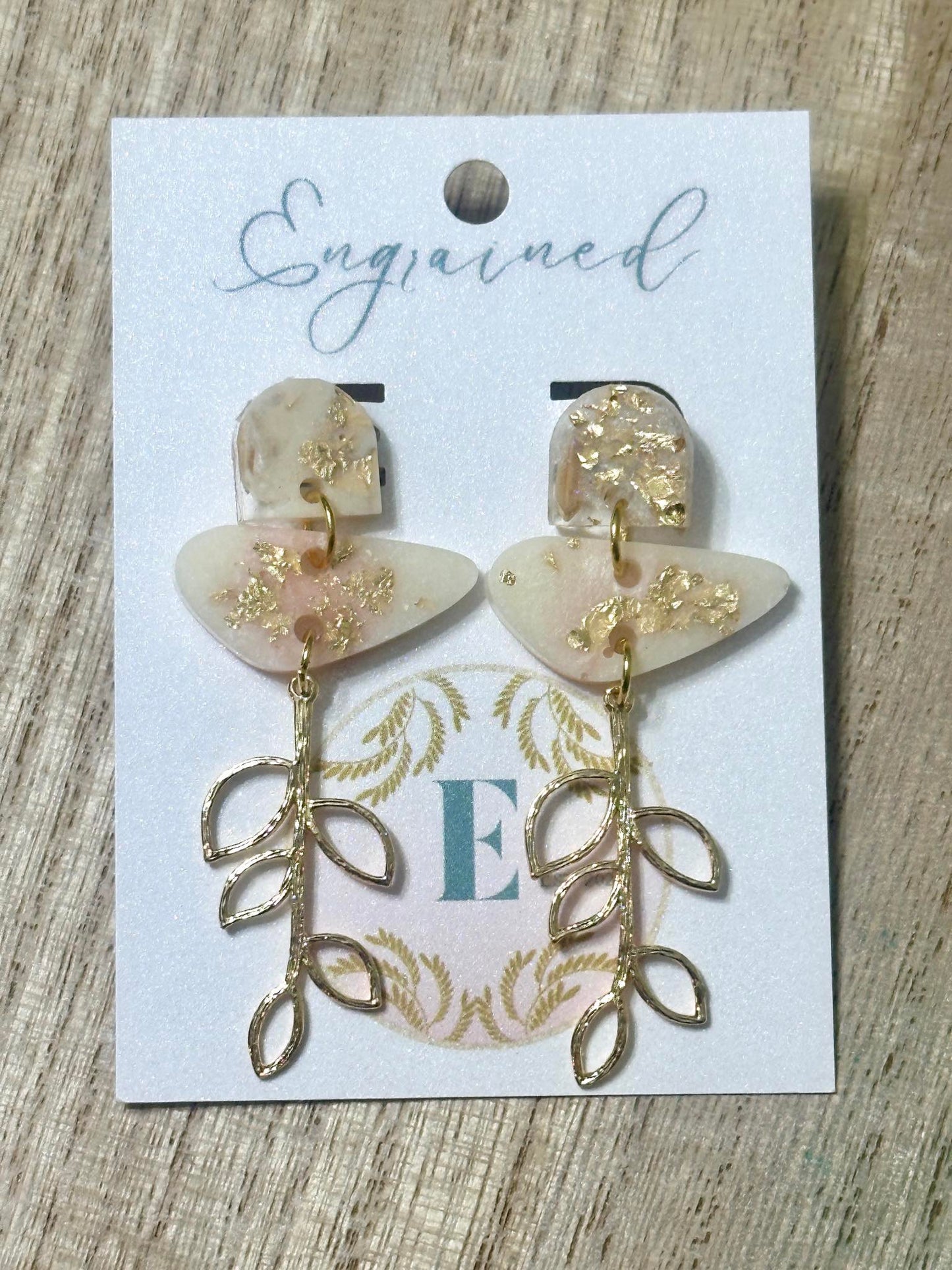 White and Gold Rice Earrings with Leaf Vines