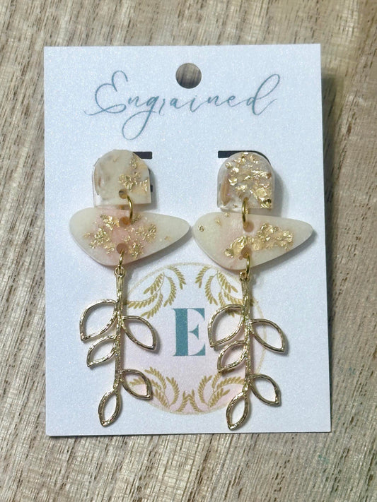 White and Gold Rice Earrings with Leaf Vines