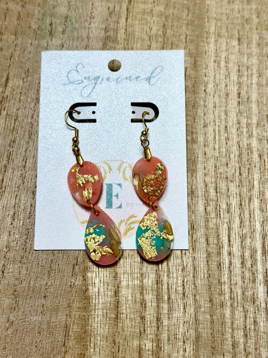 Pink and Turquoise Oval Rice Earrings with Gold Leaf