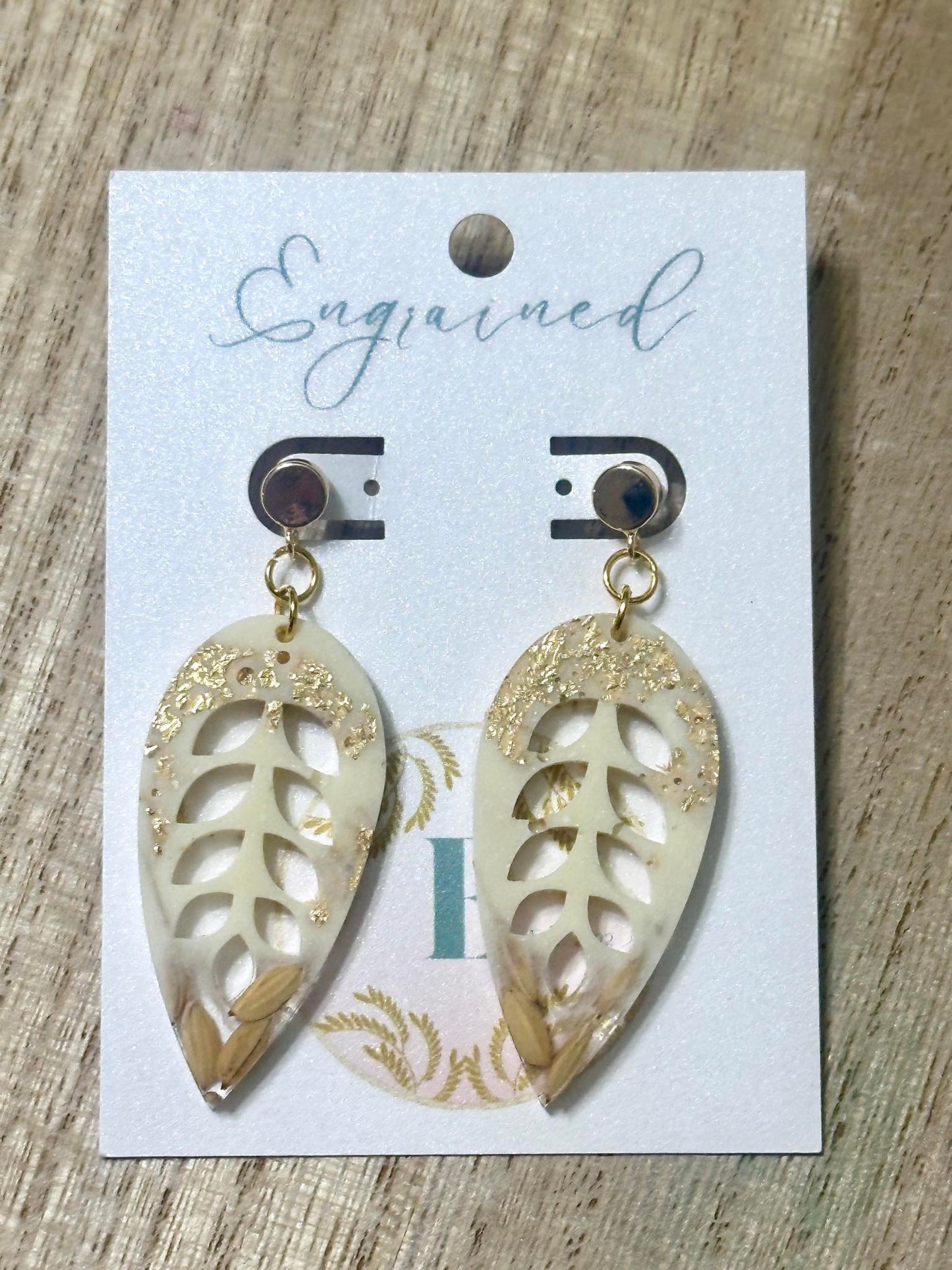 Gold and White Leaves Rice Earrings