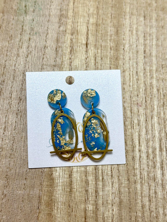 Blue and Gold Oval Rice Earrings