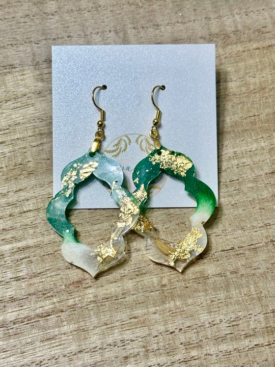 Green and White Contemporary Rice Earrings with Gold Leaf