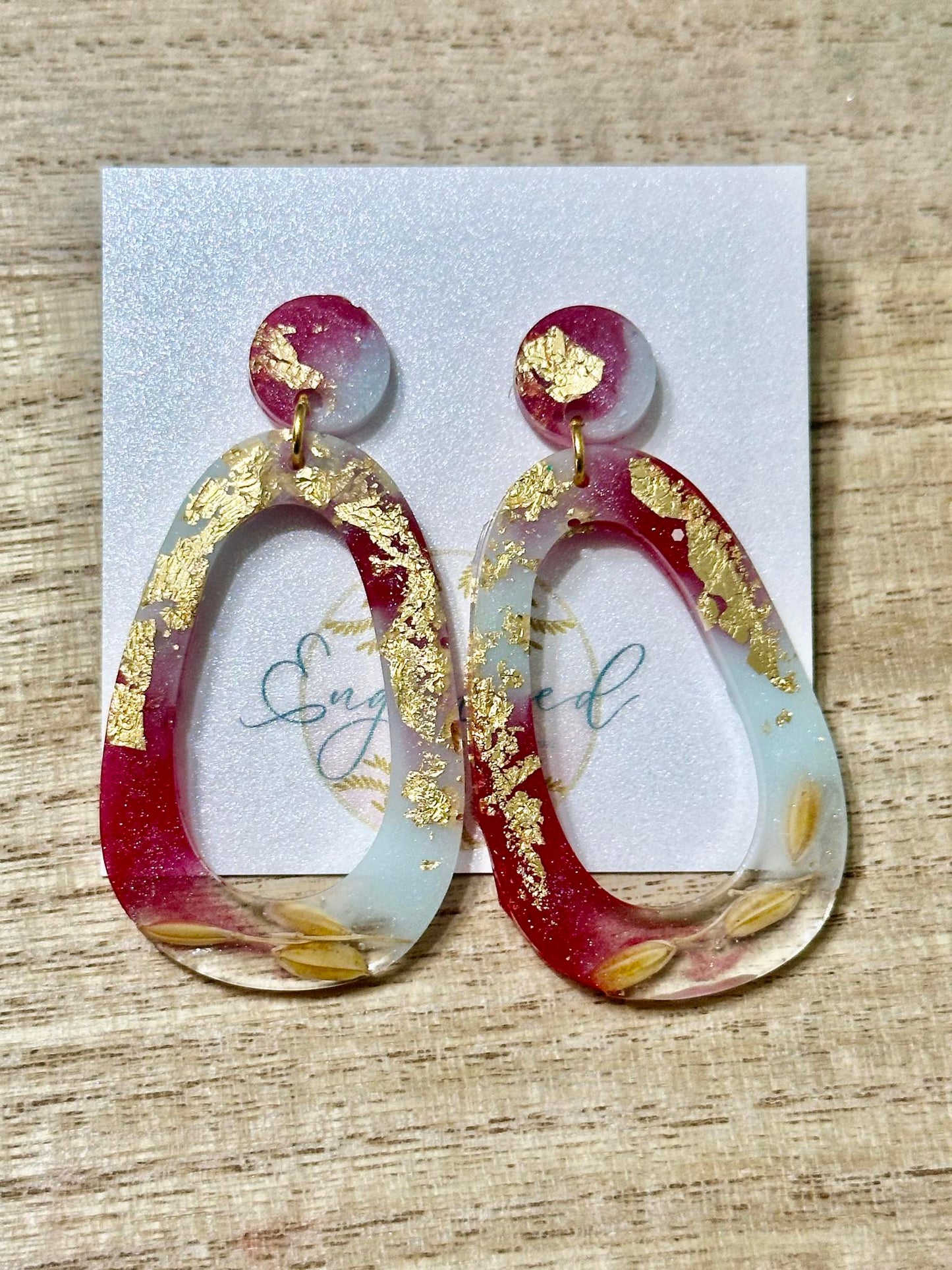 Red, White, and Blue Modern Oval Rice Earrings with Gold Leaf