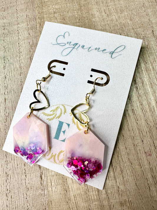 Gold Heart with Holographic Pink Earrings