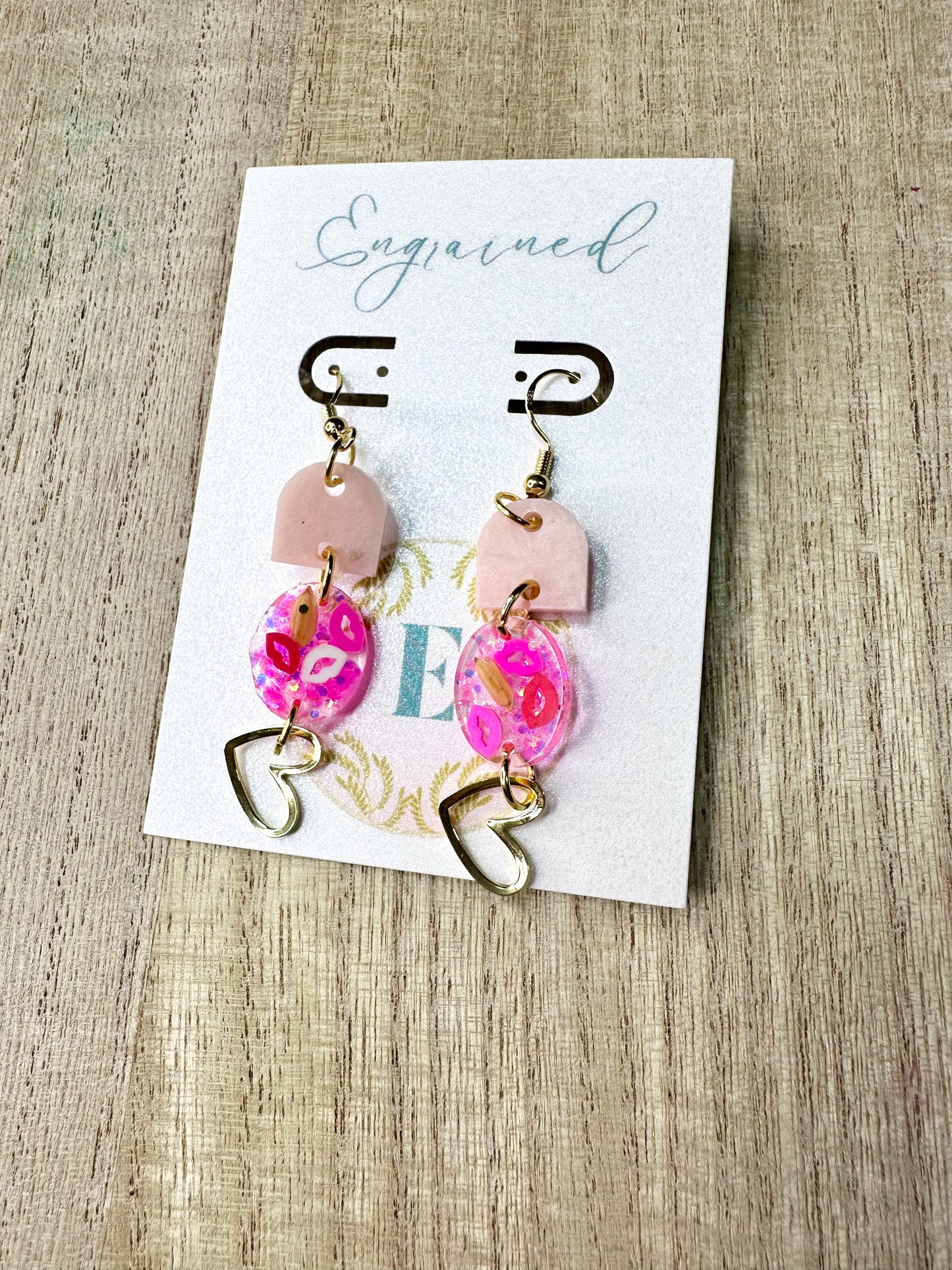 Kisses and Gold Heart Dangle Earrings