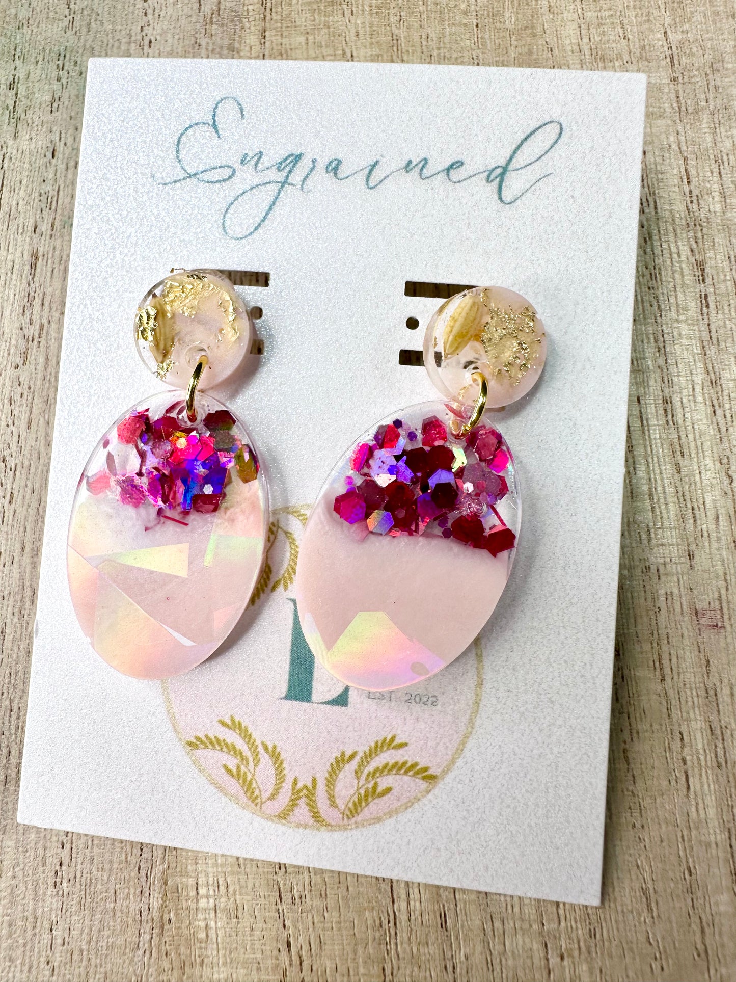 Holographic Oval Blush and Fuchsia Earrings