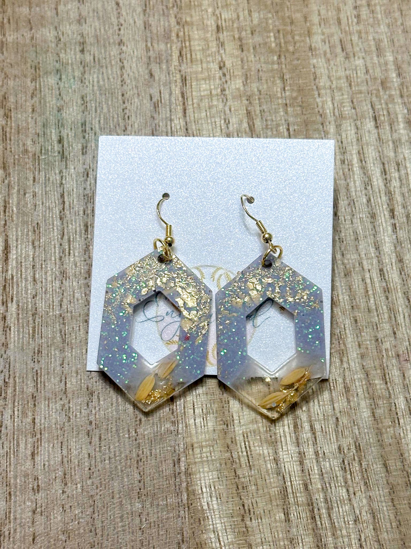 Hexagon Rice Earrings with Gold Leaf