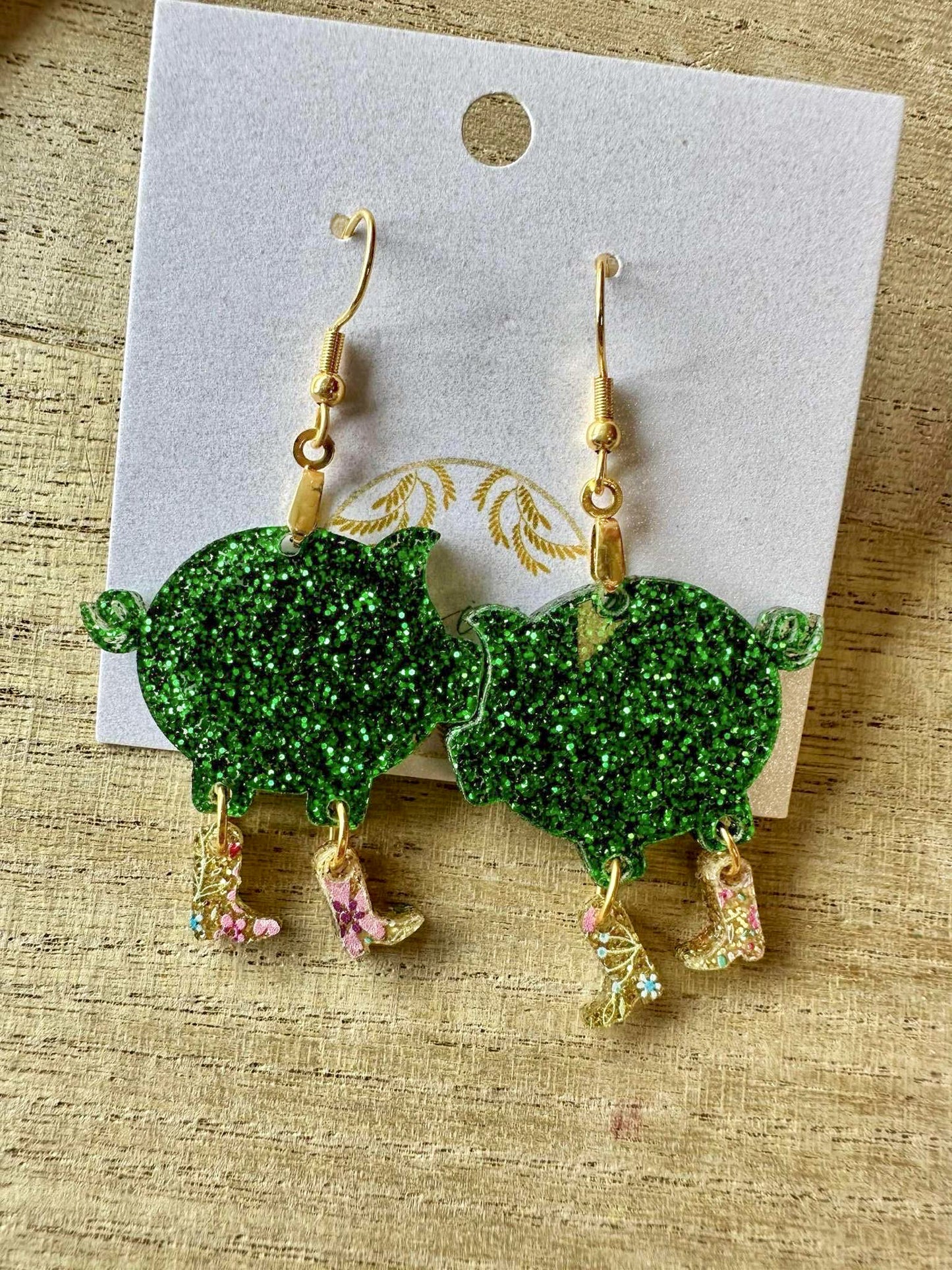 Green Pig with Boots Earrings