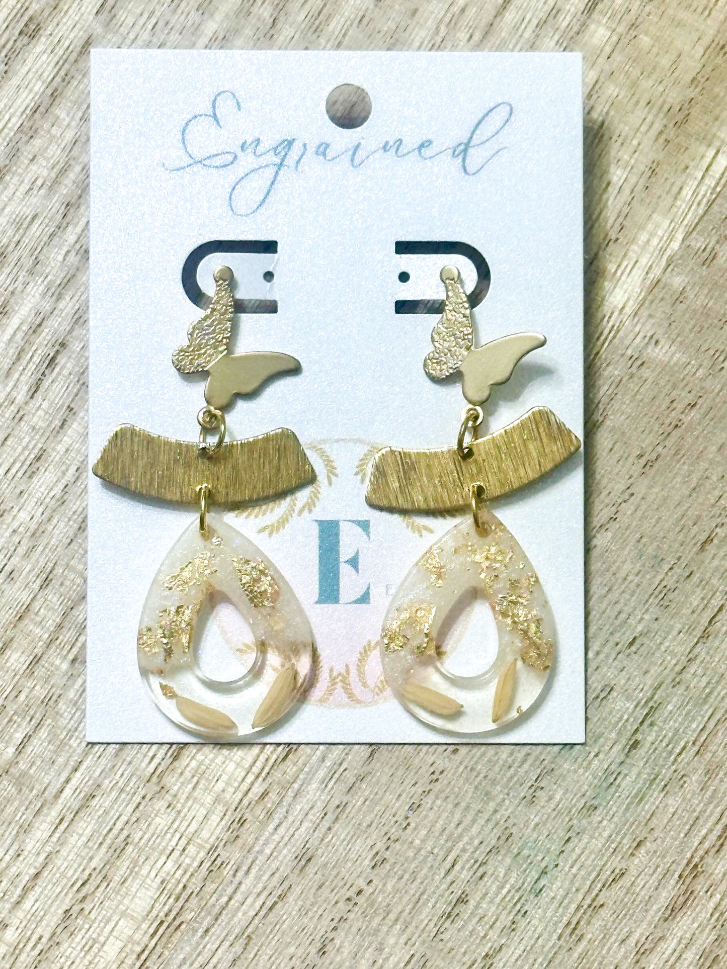 Gold Butterfly and White Rice Earrings