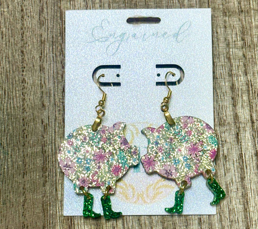 Floral Pig with Green Boots Earrings