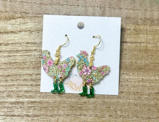 Floral Chicken with Green Boots Earrings