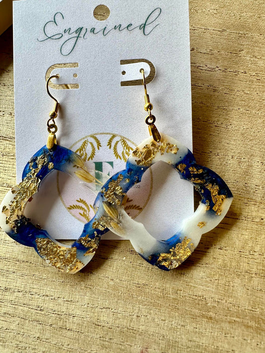 Blue, White, And Gold Leaf Quatrefoil Rice Earrings