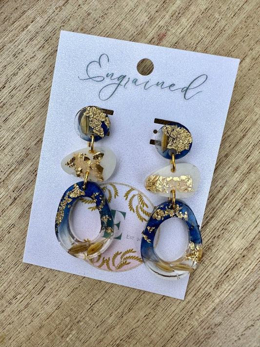 Blue, White, And Gold Leaf Rice Earrings