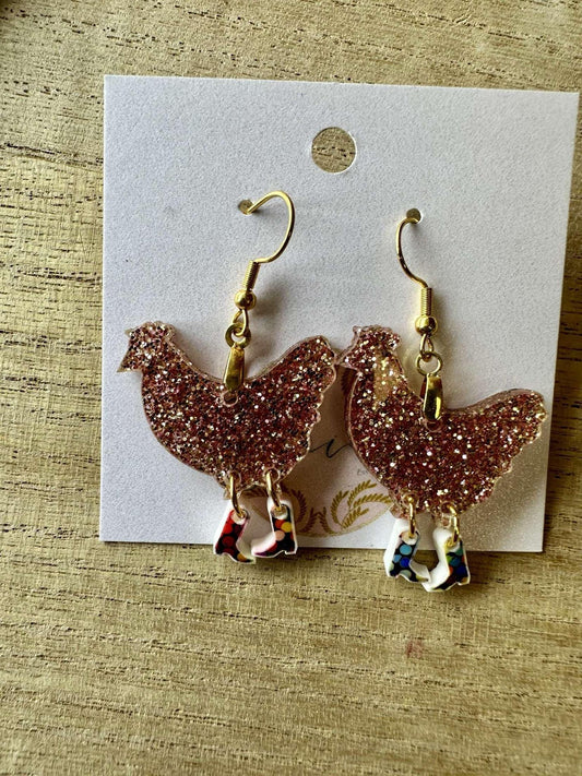 Rose Gold Chicken with Boots Earrings