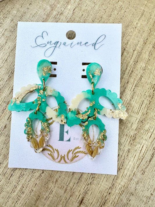 Green, Ivory, and Gold 3 Petal Rice Earrings