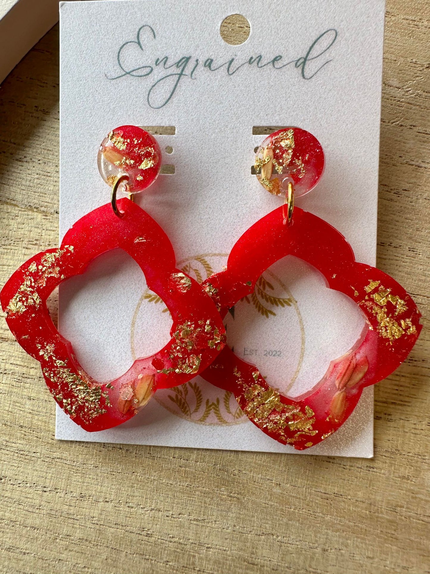 Red And Gold Leaf Quatrefoil Rice Earrings